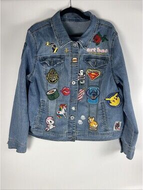 Style & Co. Women's Denim Jacket Customized With Patches-Size XL